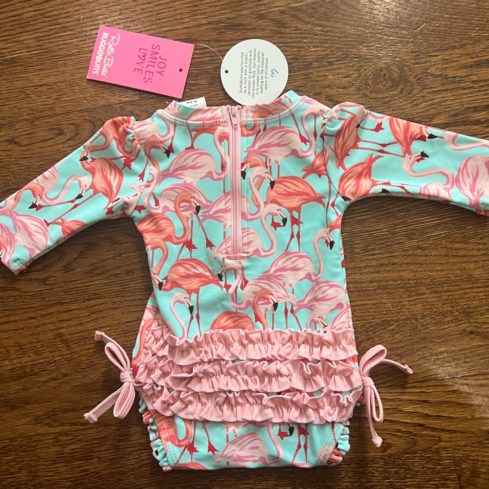 Fab Flamingo One Piece Ruffle Butts Rashguard Swimsuit - Picture 2 of 3